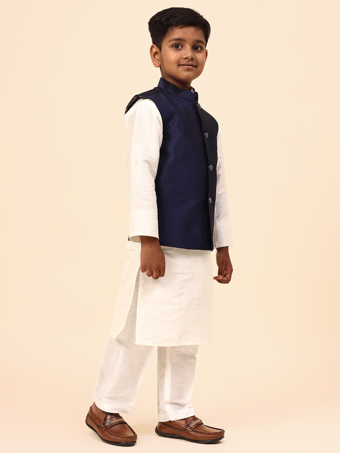 Karnam Junior - Boys Navy Blue Silk Jacket Set