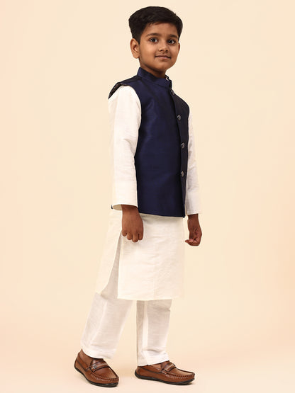 Karnam Junior - Boys Navy Blue Silk Jacket Set
