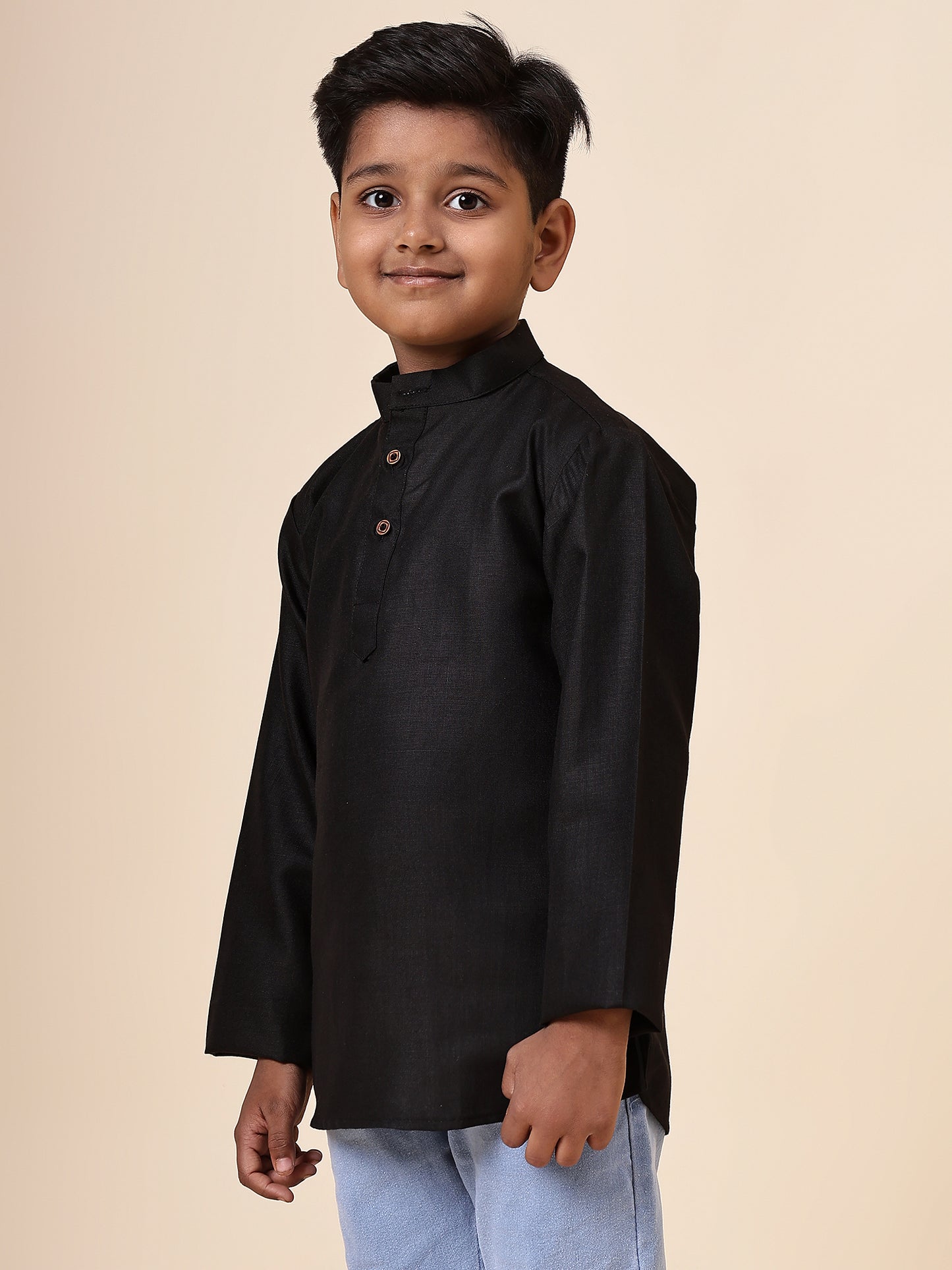 Karnam Junior - Boys Black Cotton Short Kurta