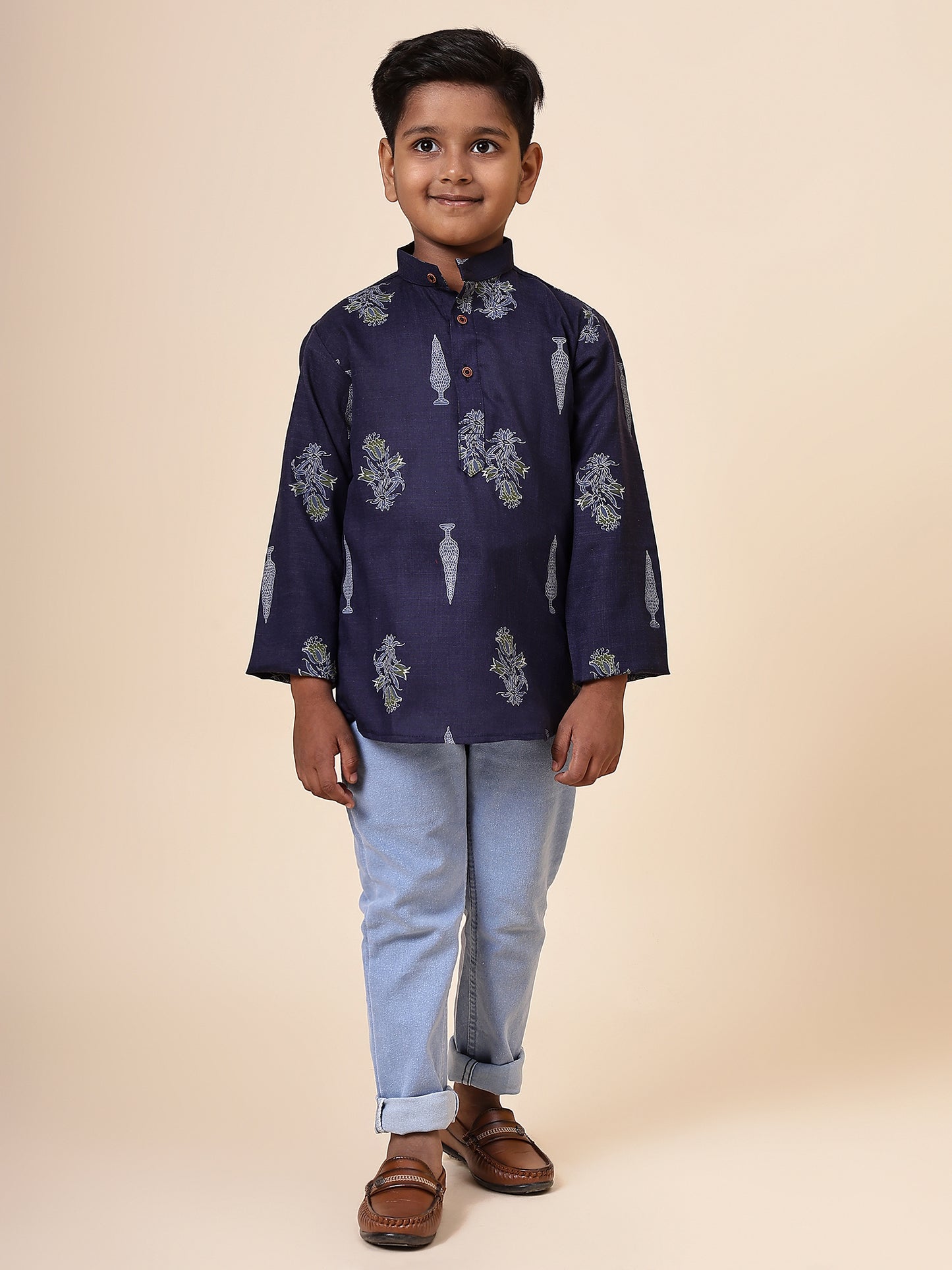 Karnam Junior - Boys Navy Blue Foliage Cotton Short Kurta