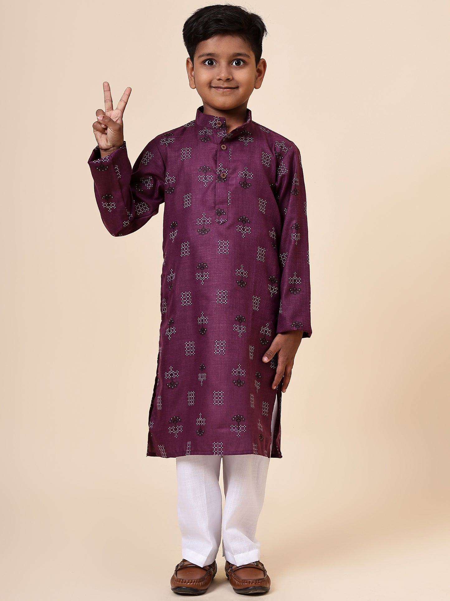 Karnam Junior - Boys Purple Square Printed Cotton Long Kurta Top