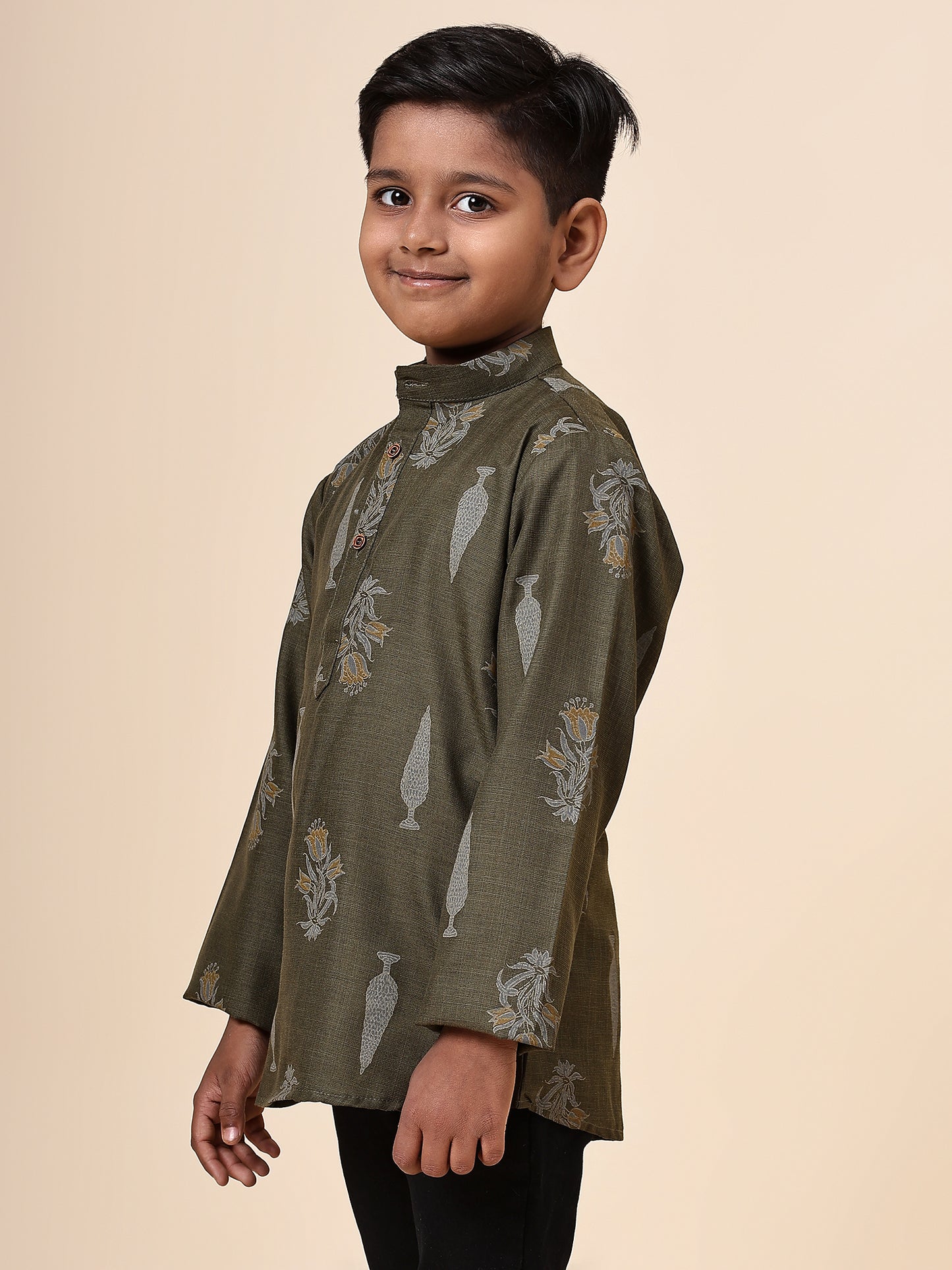 Karnam Junior - Boys Olive Green Foliage Cotton Short Kurta