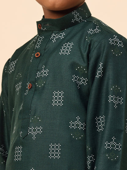 Karnam Junior - Boys Bottle Green Printed Cotton Long Kurta Top