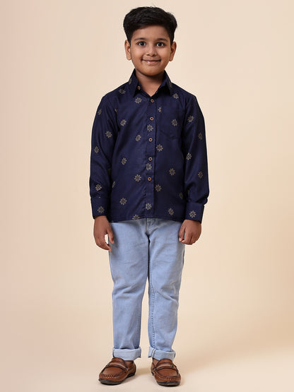 Karnam Junior - Boys Blue and Gold Cotton Shirt