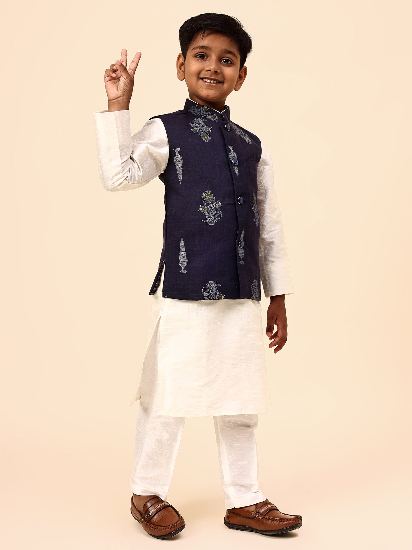Karnam Junior - Boys Navy Blue Foliage Printed Jacket Set