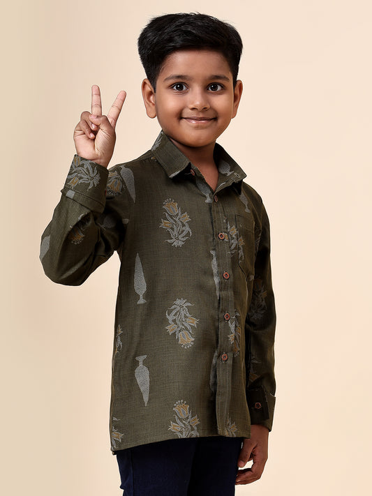 Karnam Junior - Boys Olive Green Foliage Printed Cotton Shirt