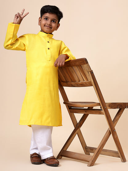 Karnam Junior - Boys Yellow Cotton Kurta Set