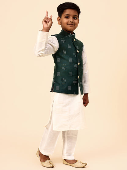 Karnam Junior - Boys Bottle Green Square Printed Jacket Set