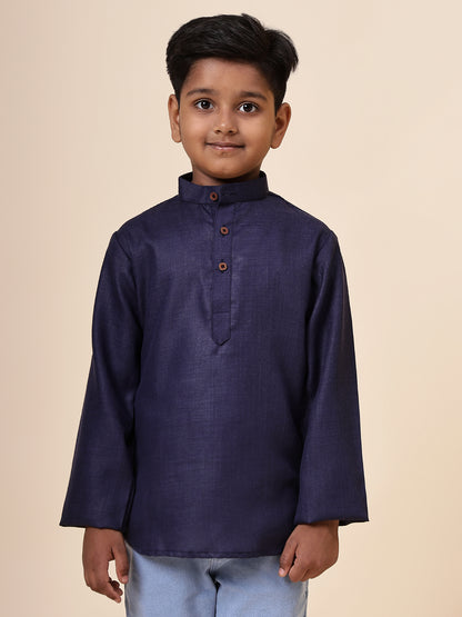 Karnam Junior - Boys Navy Blue Cotton Short Kurta