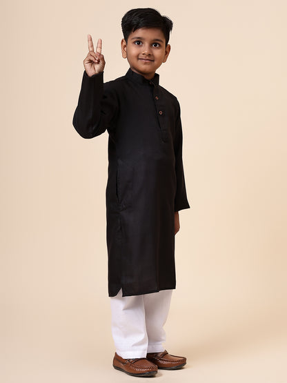 Karnam Junior - Boys Black Cotton Kurta Set