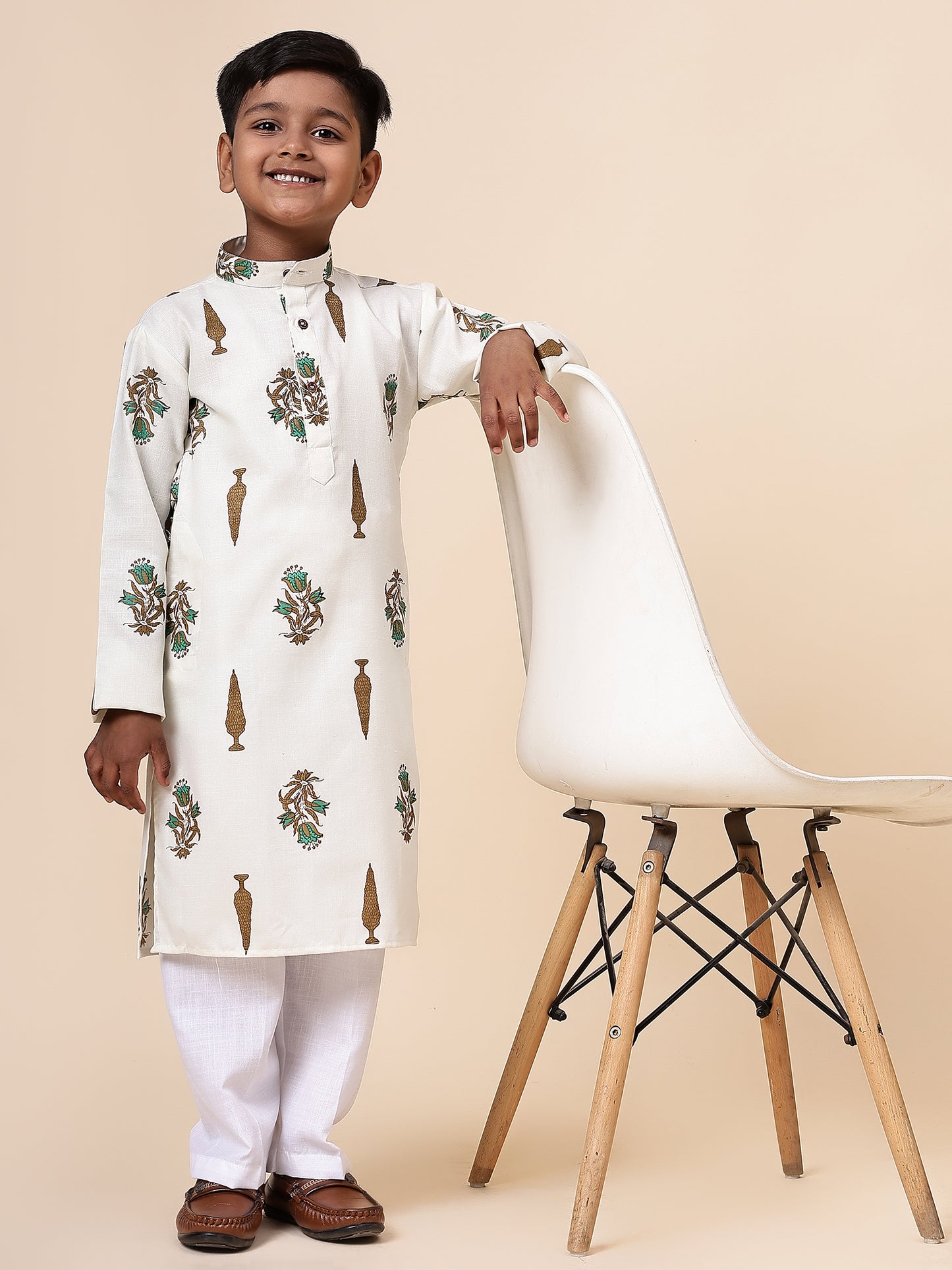 Karnam Junior - Boys Cream Foliage Printed Cotton Long Kurta Top