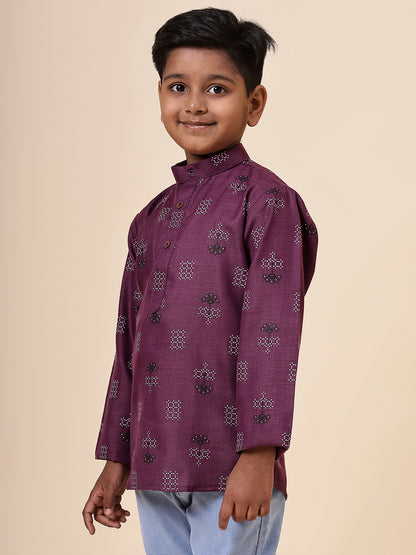 Karnam Junior - Boys Purple Square Printed Cotton Short Kurta