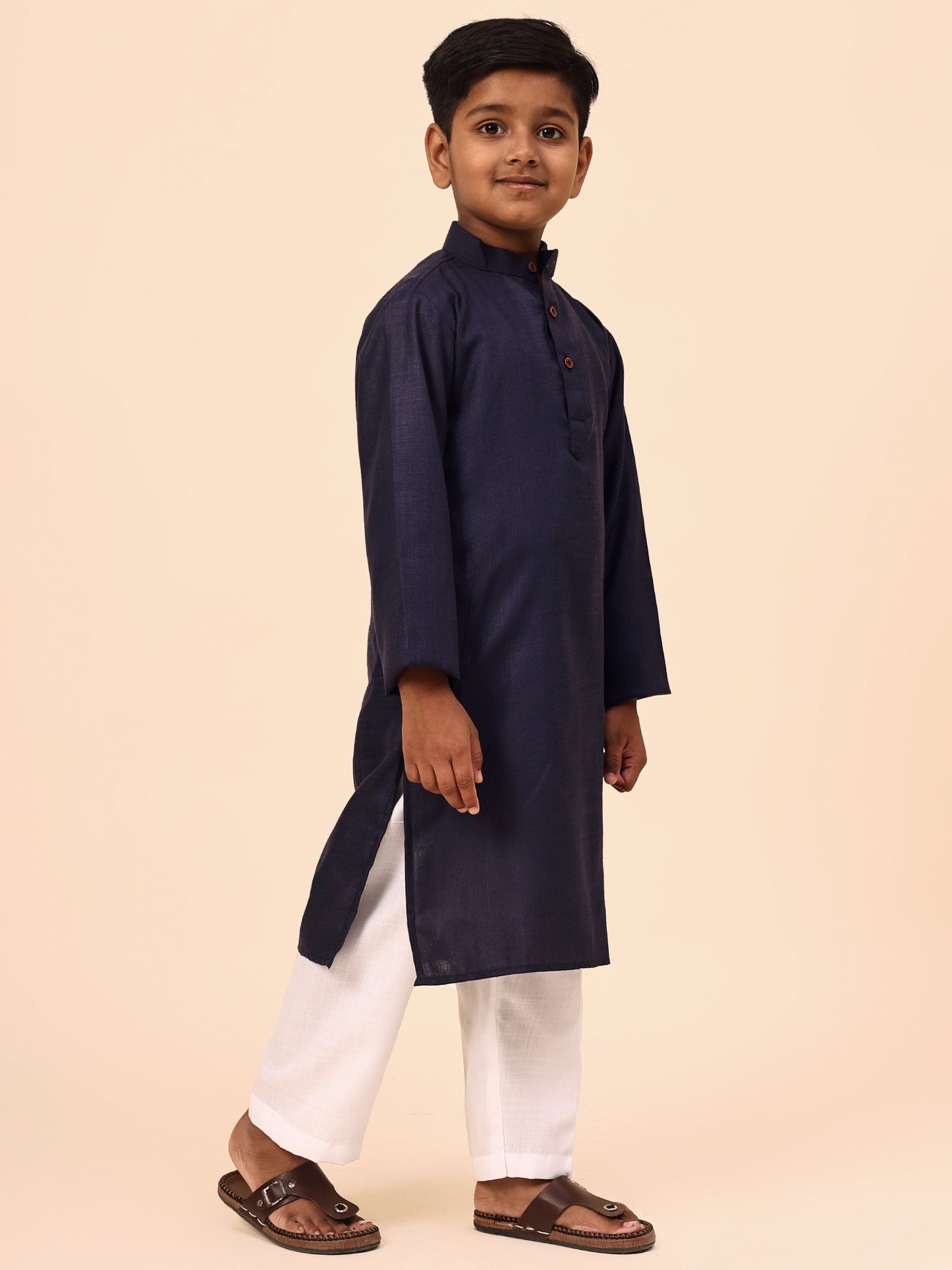 Karnam Junior - Boys Navy Blue Cotton Kurta Set