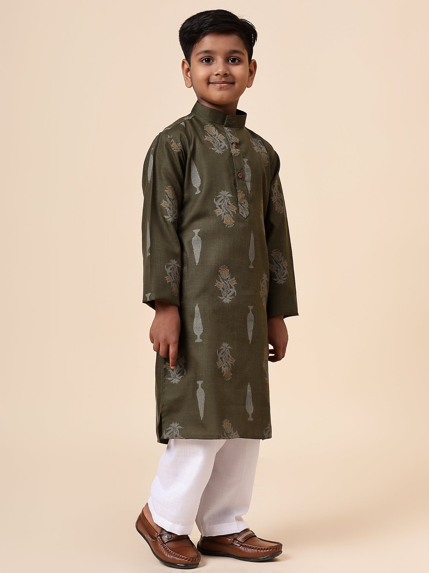 Karnam Junior - Boys Olive Green Foliage Printed Cotton Long Kurta Top