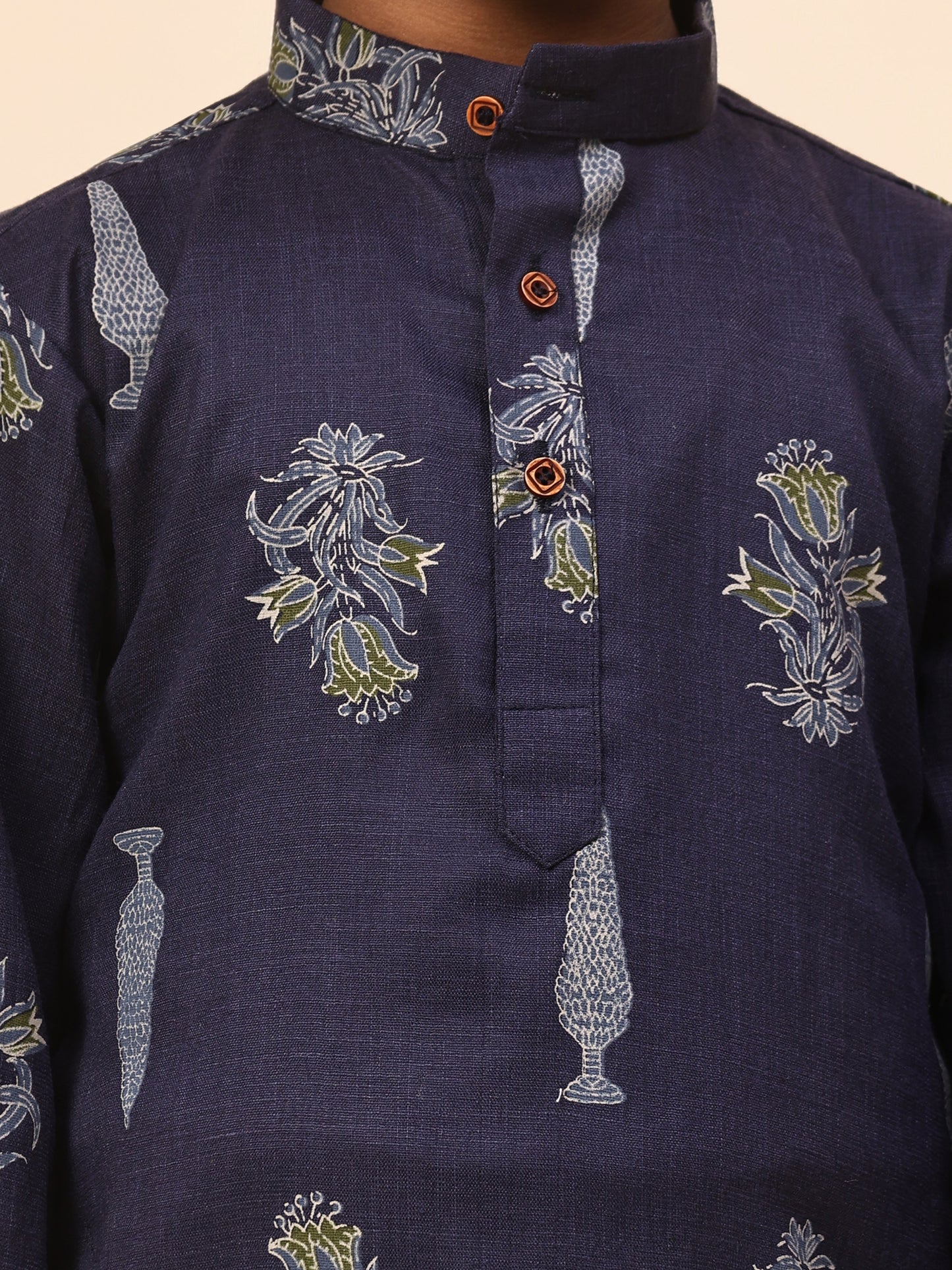 Karnam Junior - Boys Navy Blue Foliage Printed Cotton Long Kurta Top