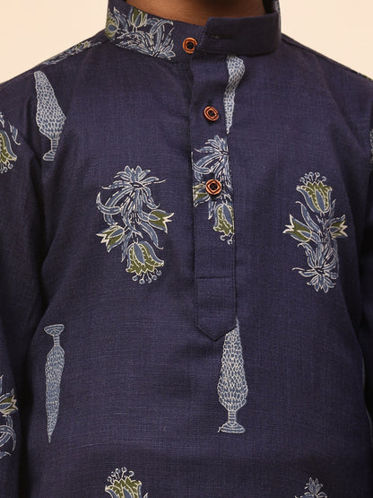 Karnam Junior - Boys Navy Blue Foliage Printed Cotton Long Kurta Top