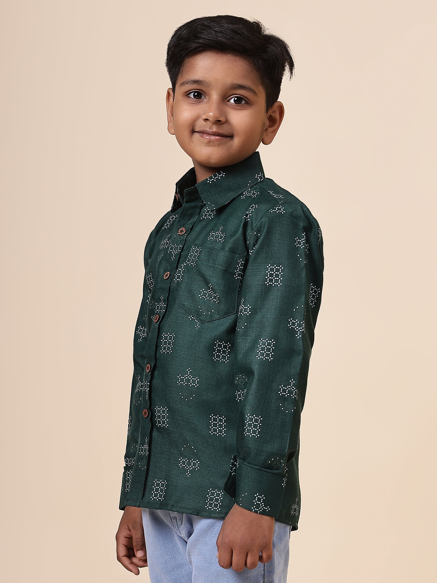 Karnam Junior - Boys Bottle Green Square Printed Cotton Shirt
