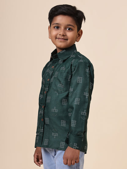 Karnam Junior - Boys Bottle Green Square Printed Cotton Shirt