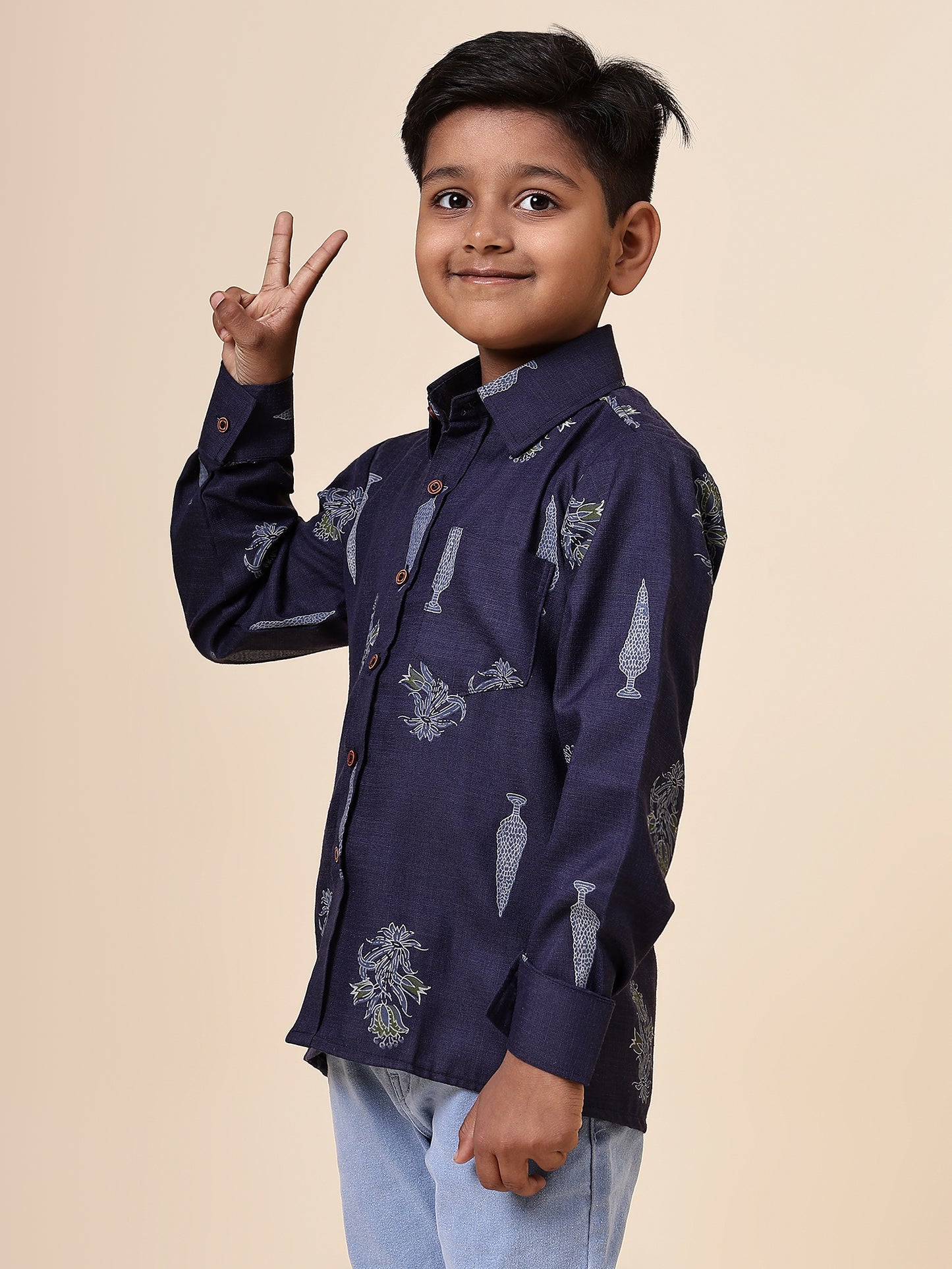 Karnam Junior - Boys Navy Blue Foliage Printed Cotton Shirt