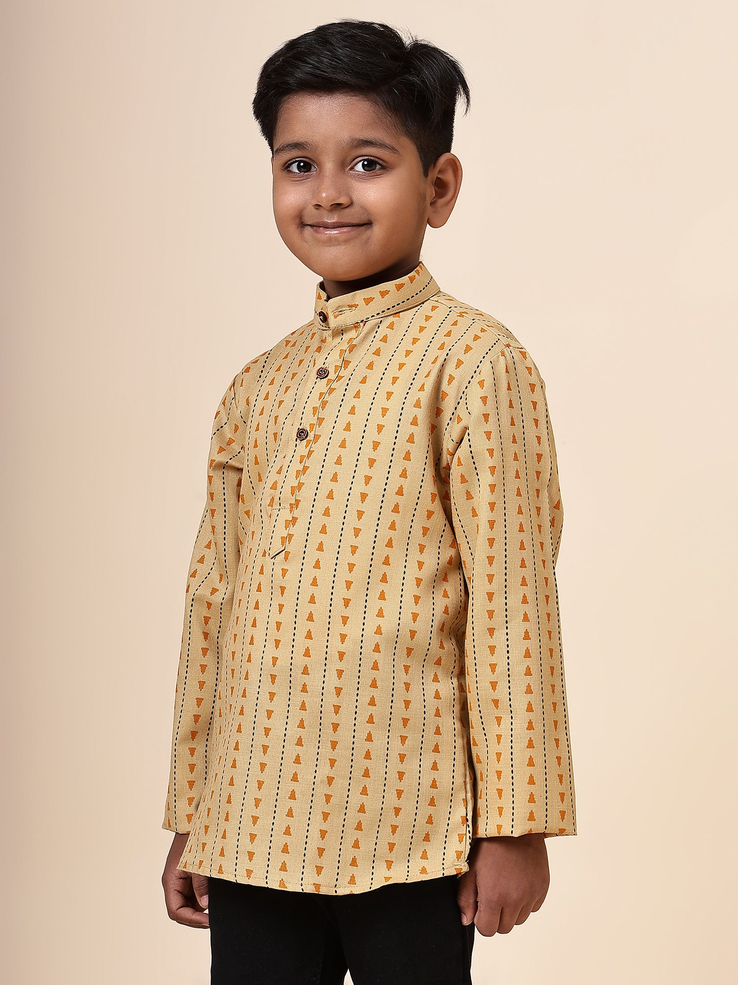 Karnam Junior - Boys Yellow Printed Cotton Short Kurta