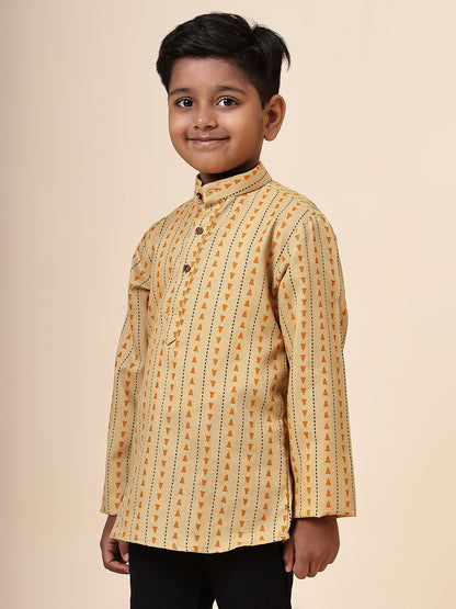Karnam Junior - Boys Yellow Printed Cotton Short Kurta