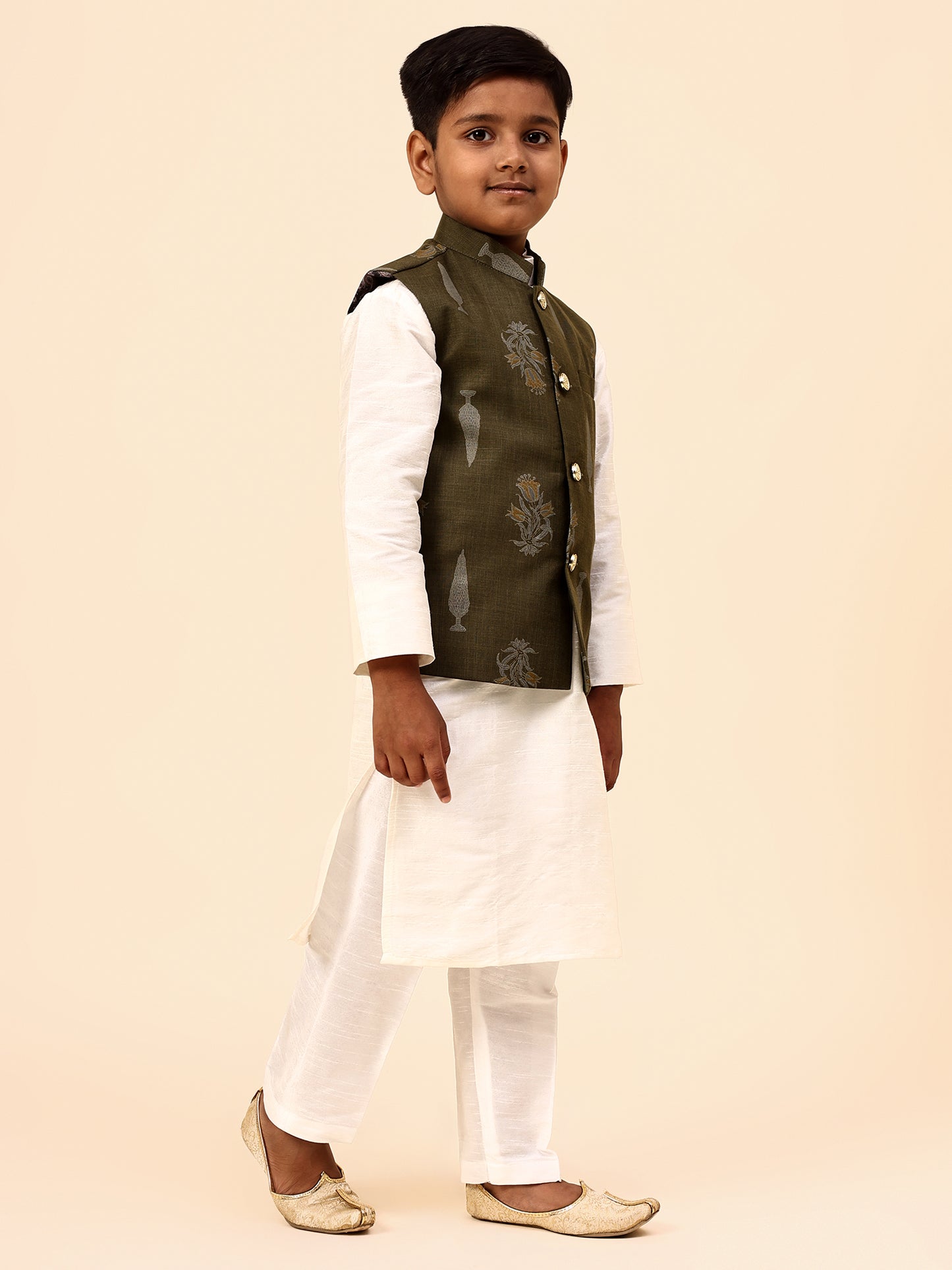 Karnam Junior - Boys Olive Green Foliage Printed Jacket Set