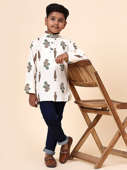 Karnam Junior - Boys Cream Foliage Cotton Short Kurta