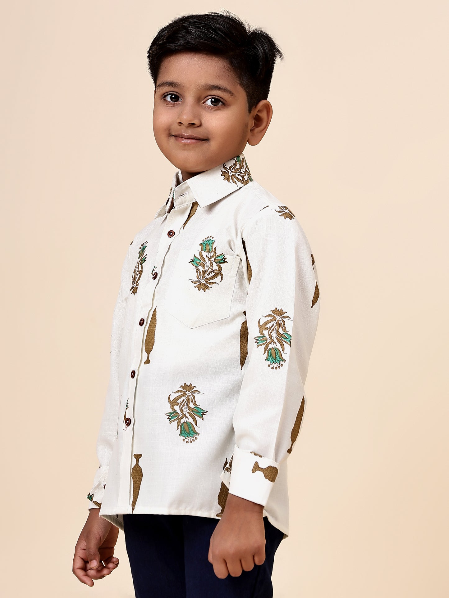 Karnam Junior - Boys Cream Foliage Printed Cotton Shirt