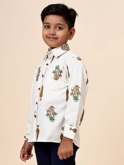 Karnam Junior - Boys Cream Foliage Printed Cotton Shirt