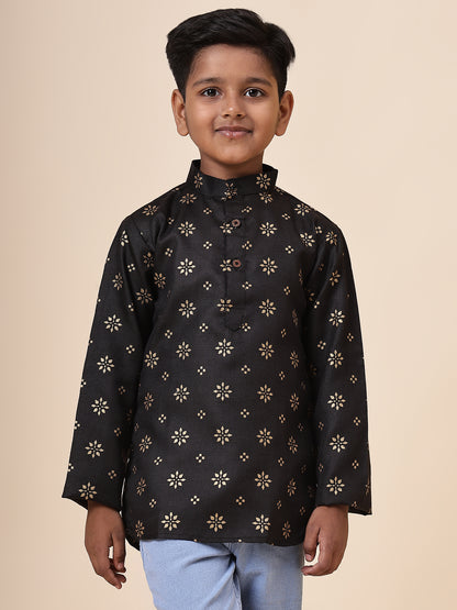 Karnam Junior - Boys Black and Gold Cotton Short Kurta