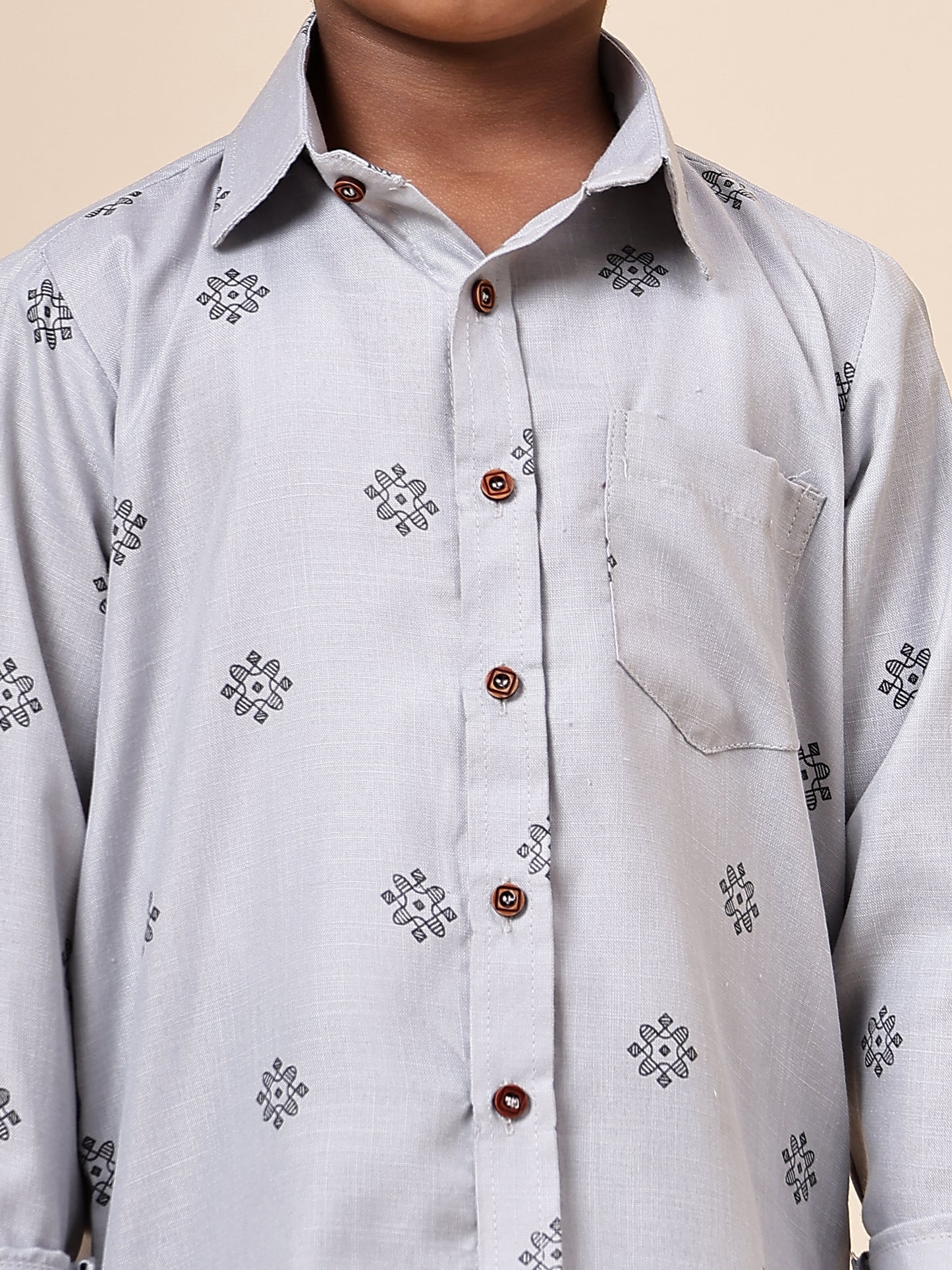 Karnam Junior - Boys Grey Printed Cotton Shirt
