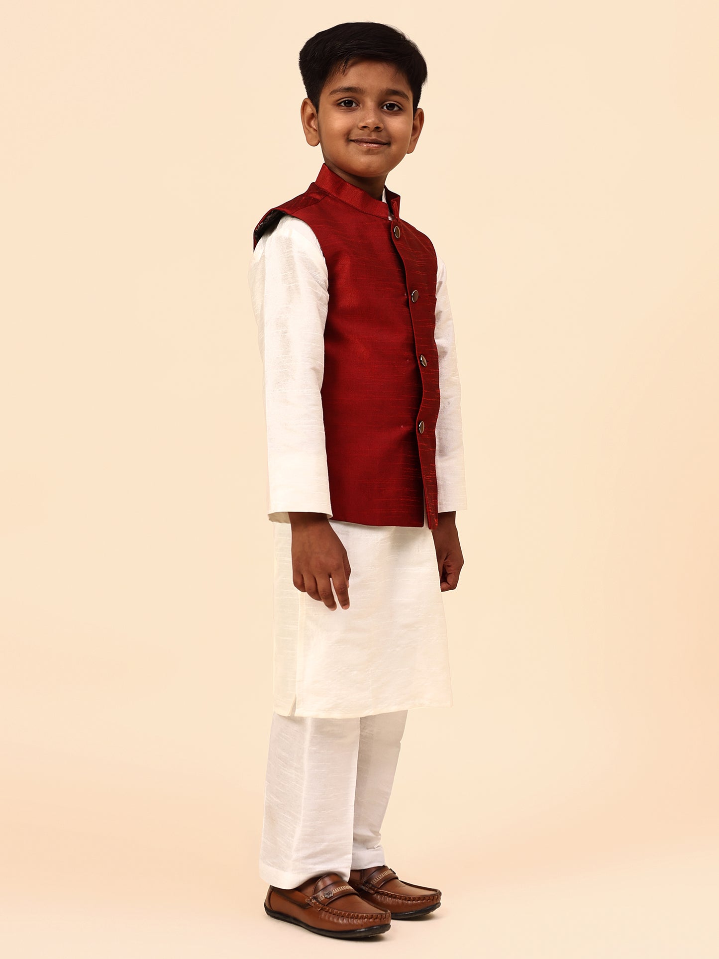 Karnam Junior - Boys Maroon Silk Jacket Set