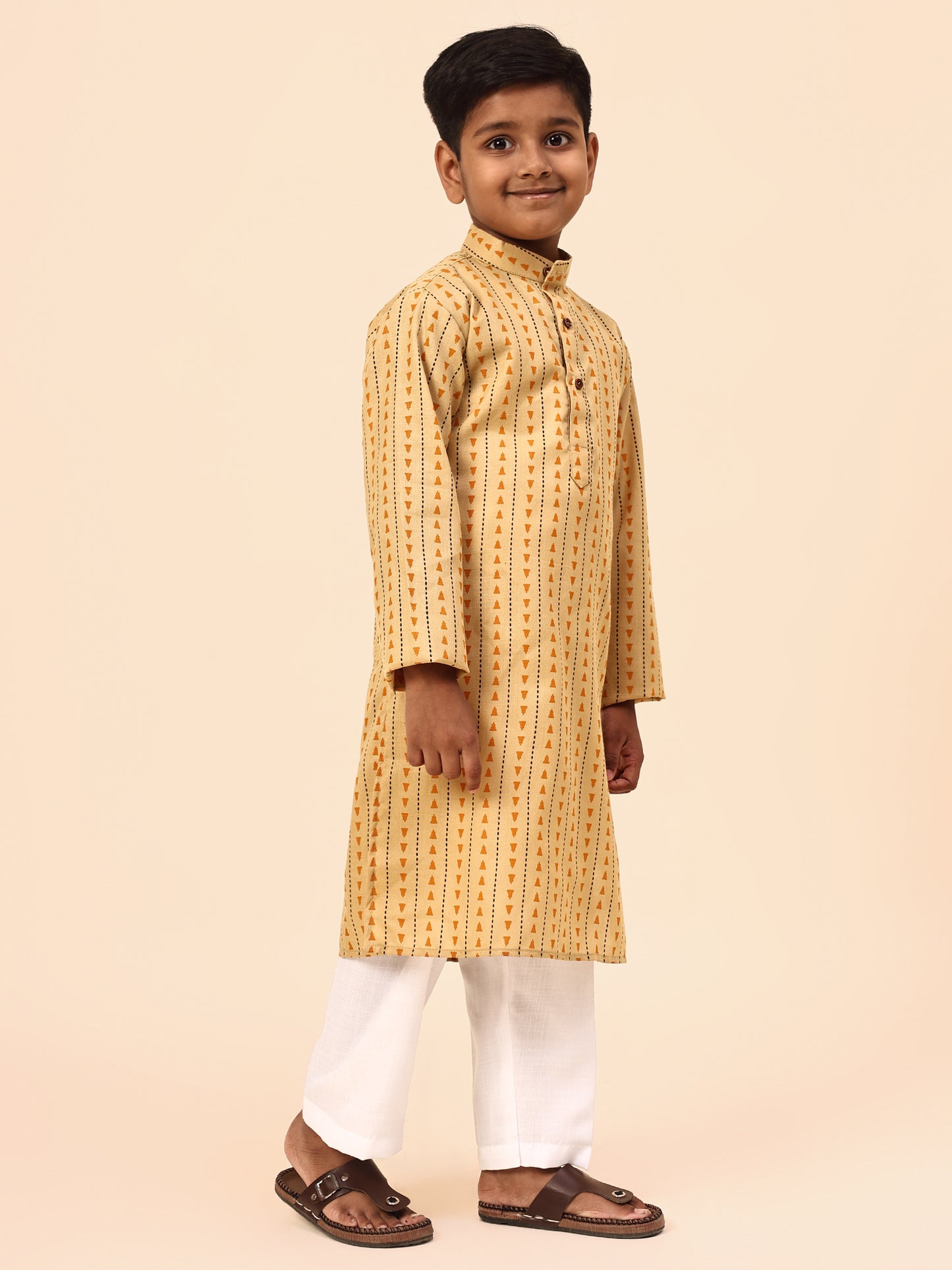 Karnam Junior - Boys Yellow Printed Cotton Long Kurta Top
