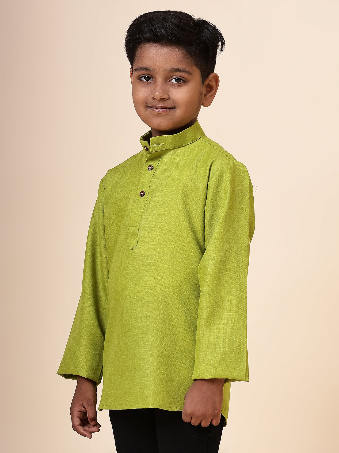 Karnam Junior - Boys Olive Green Cotton Short Kurta