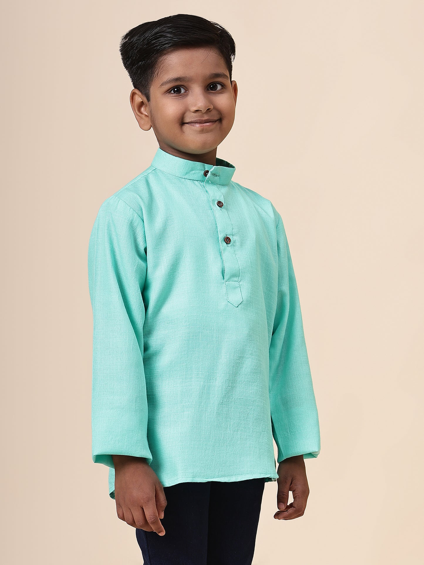 Karnam Junior - Boys Bright Turquoise Cotton Short Kurta