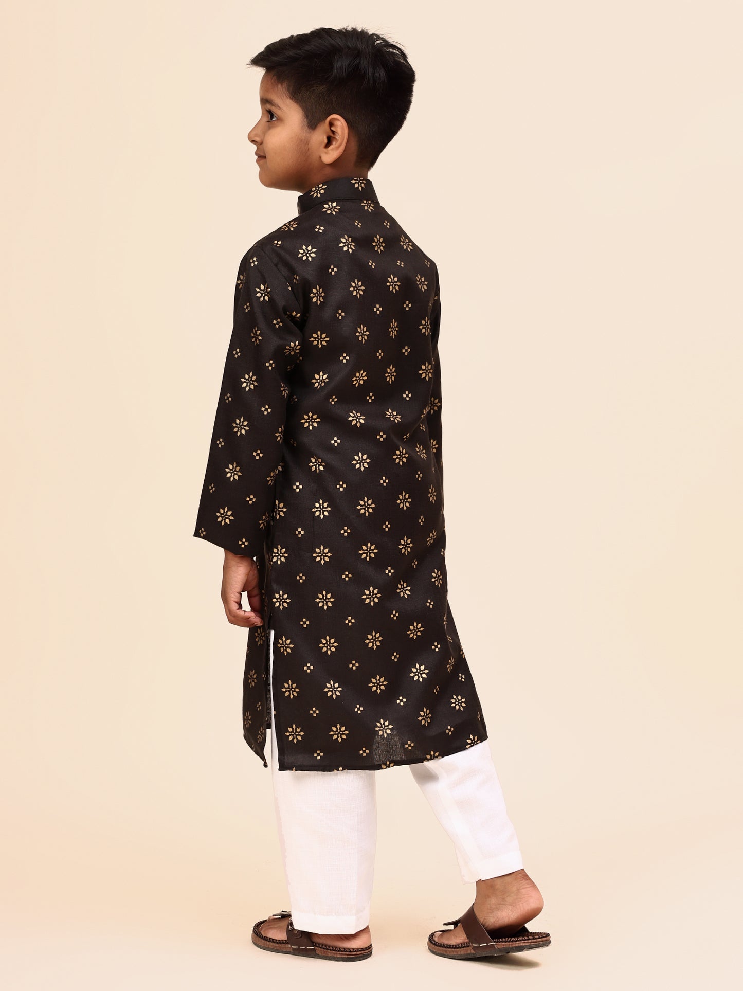 Karnam Junior - Boys' Black Kurta with Golden Print and White Pajama Set