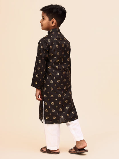 Karnam Junior - Boys' Black Kurta with Golden Print and White Pajama Set