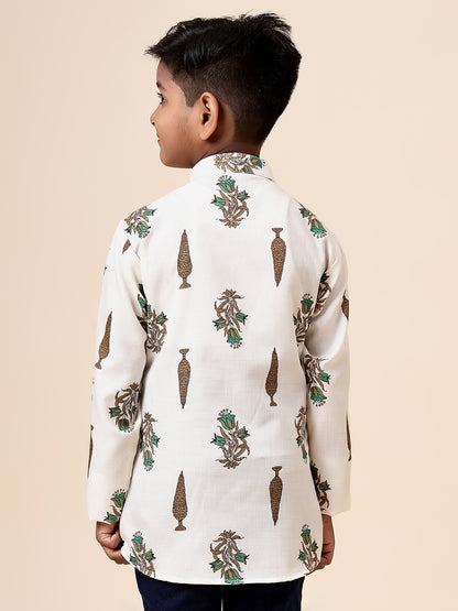 Karnam Junior - Boys Cream Foliage Cotton Short Kurta