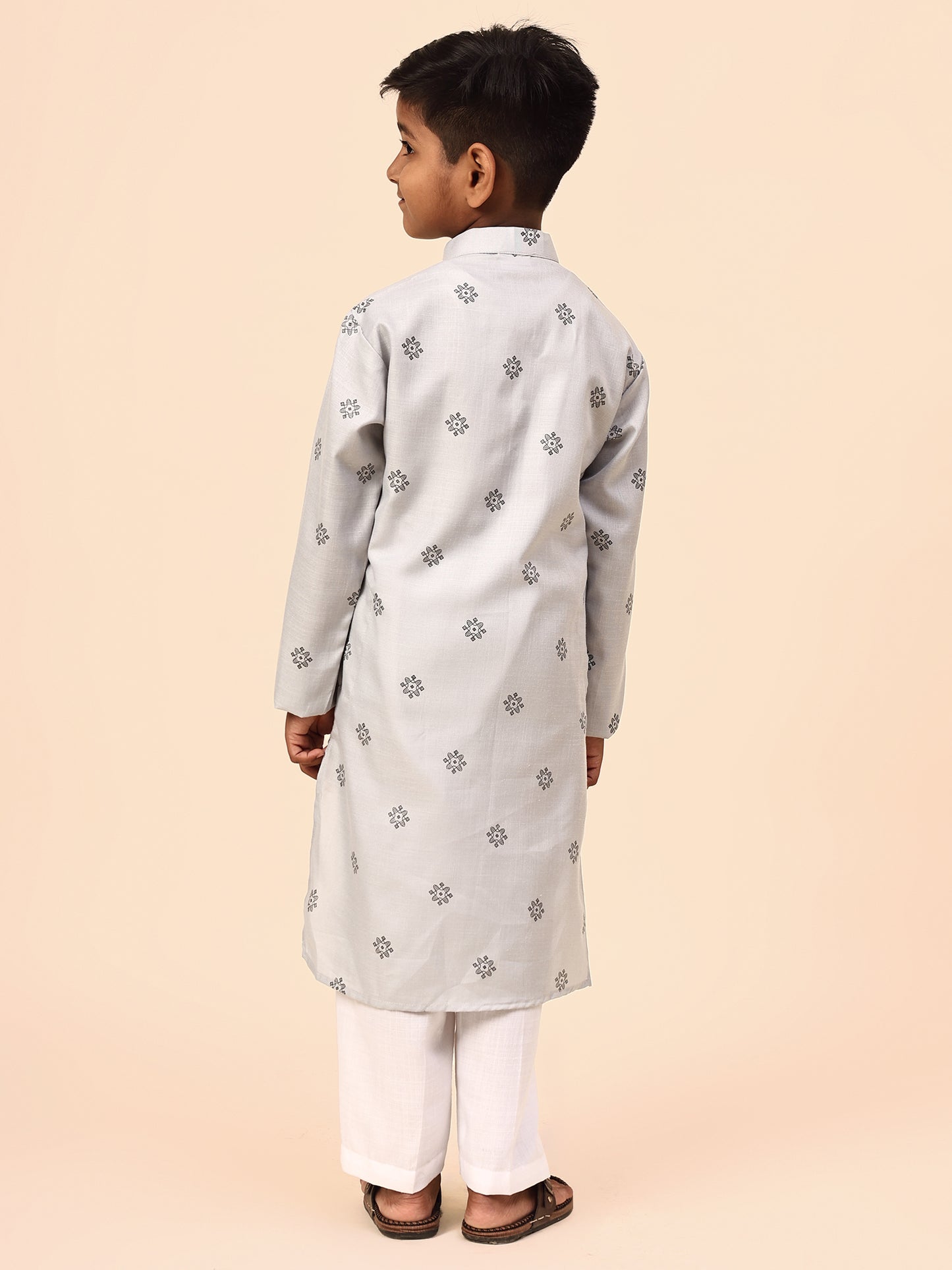 Karnam Junior - Boys Gey Printed Cotton Long Kurta Top