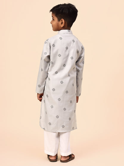 Karnam Junior - Boys Gey Printed Cotton Long Kurta Top
