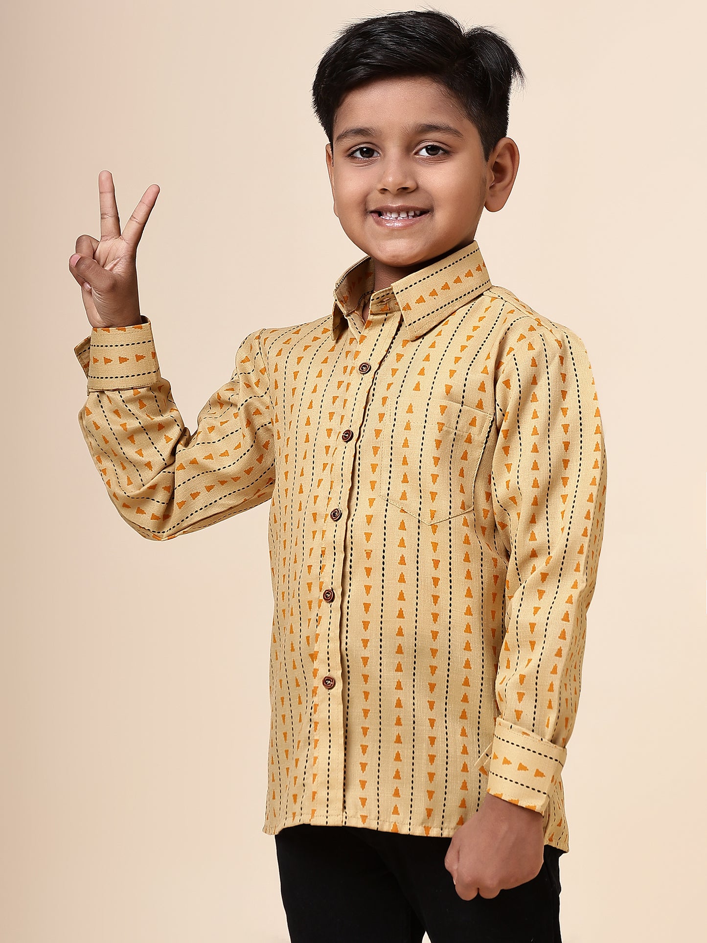 Karnam Junior - Boys Yellow Printed Cotton Shirt