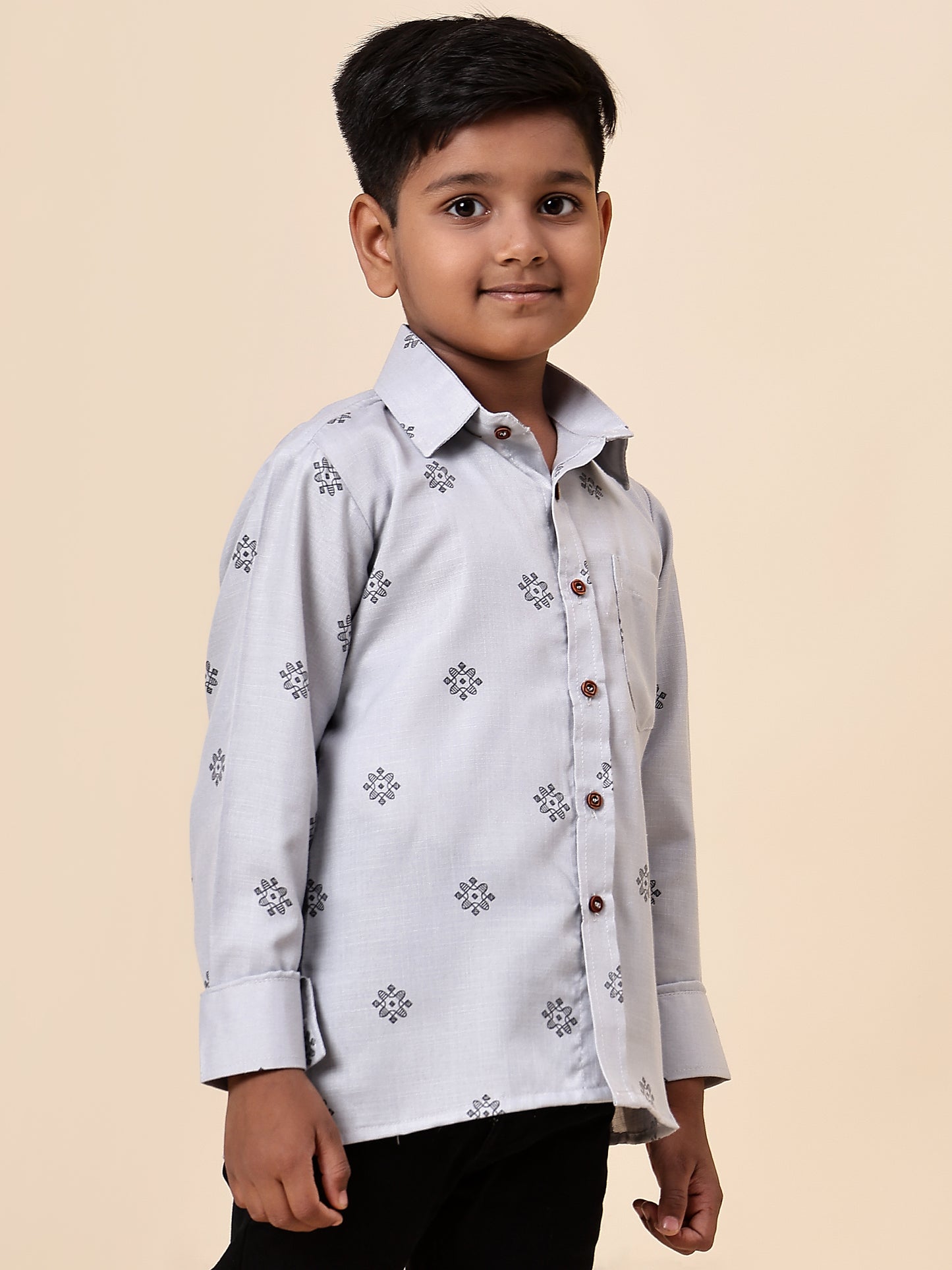 Karnam Junior - Boys Grey Printed Cotton Shirt