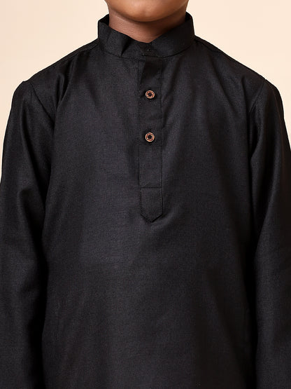Karnam Junior - Boys Black Cotton Kurta Set