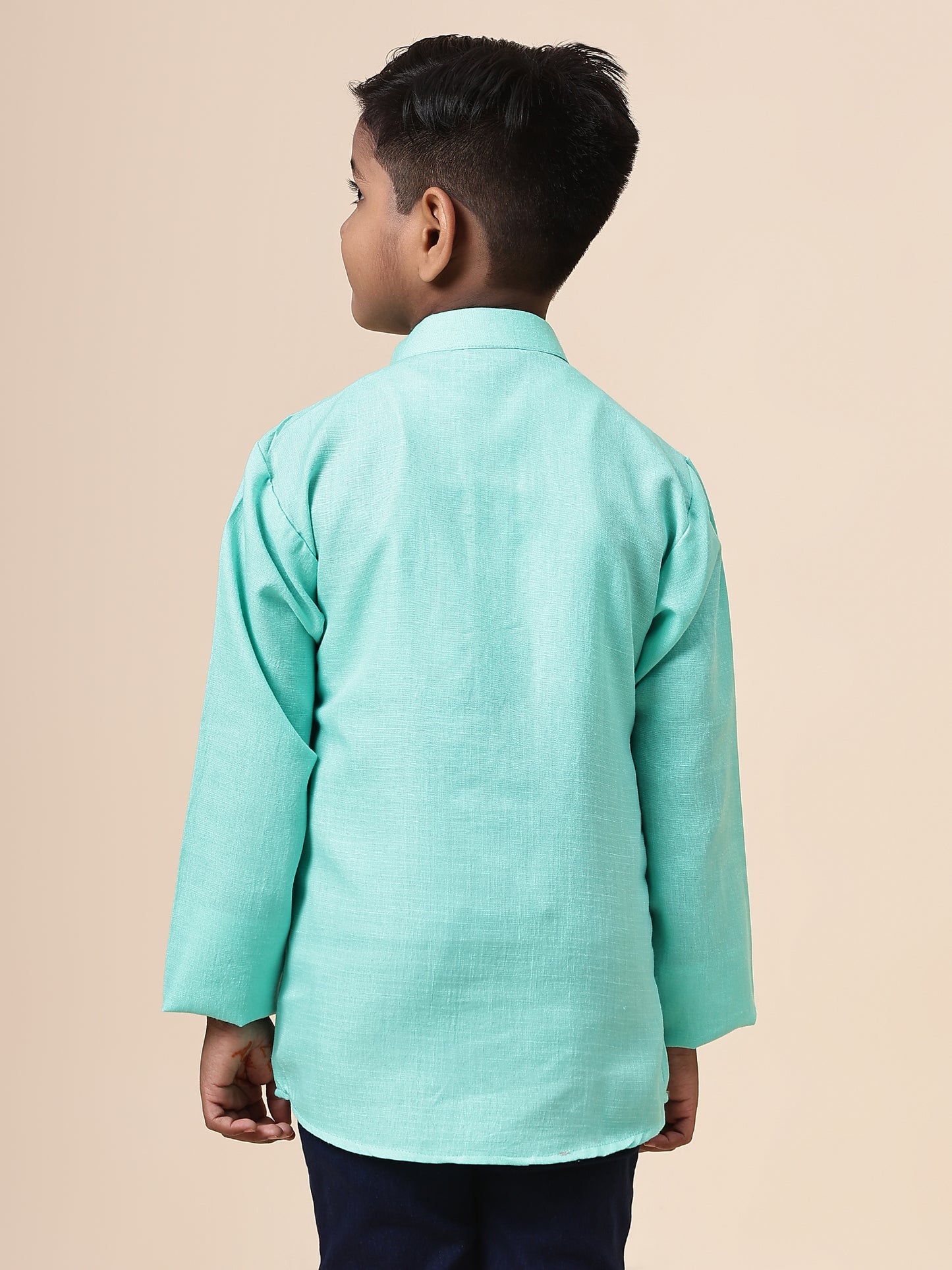 Karnam Junior - Boys Bright Turquoise Cotton Short Kurta