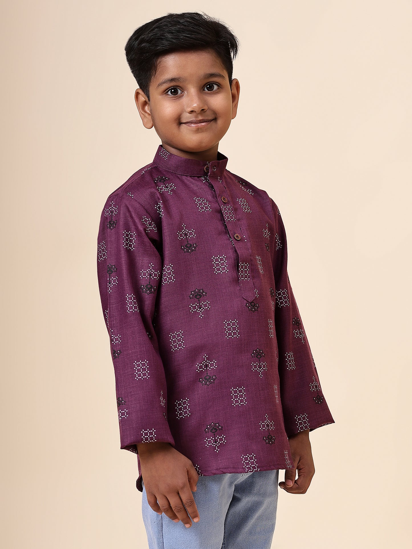 Karnam Junior - Boys Purple Square Printed Cotton Short Kurta