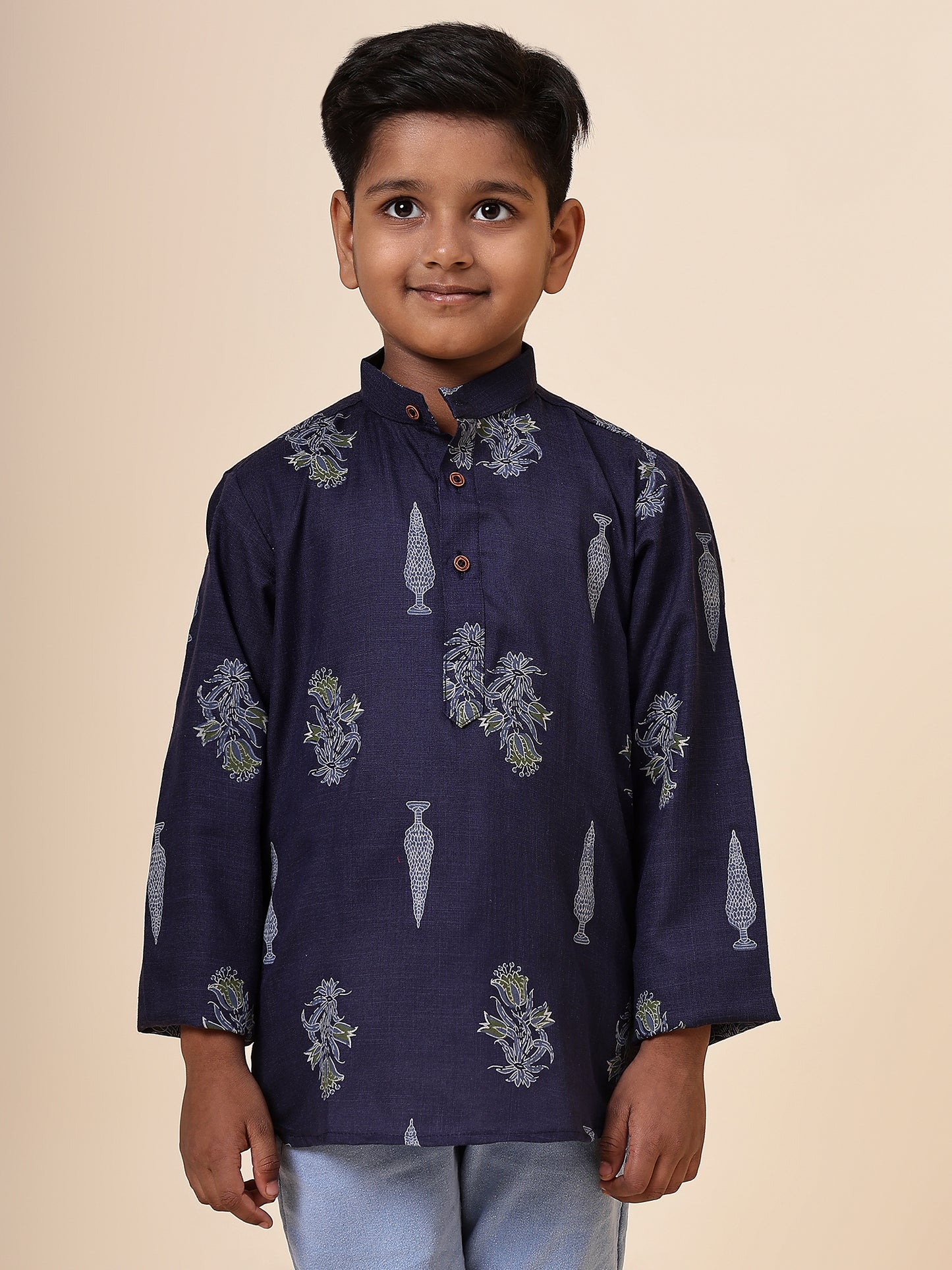 Karnam Junior - Boys Navy Blue Foliage Cotton Short Kurta