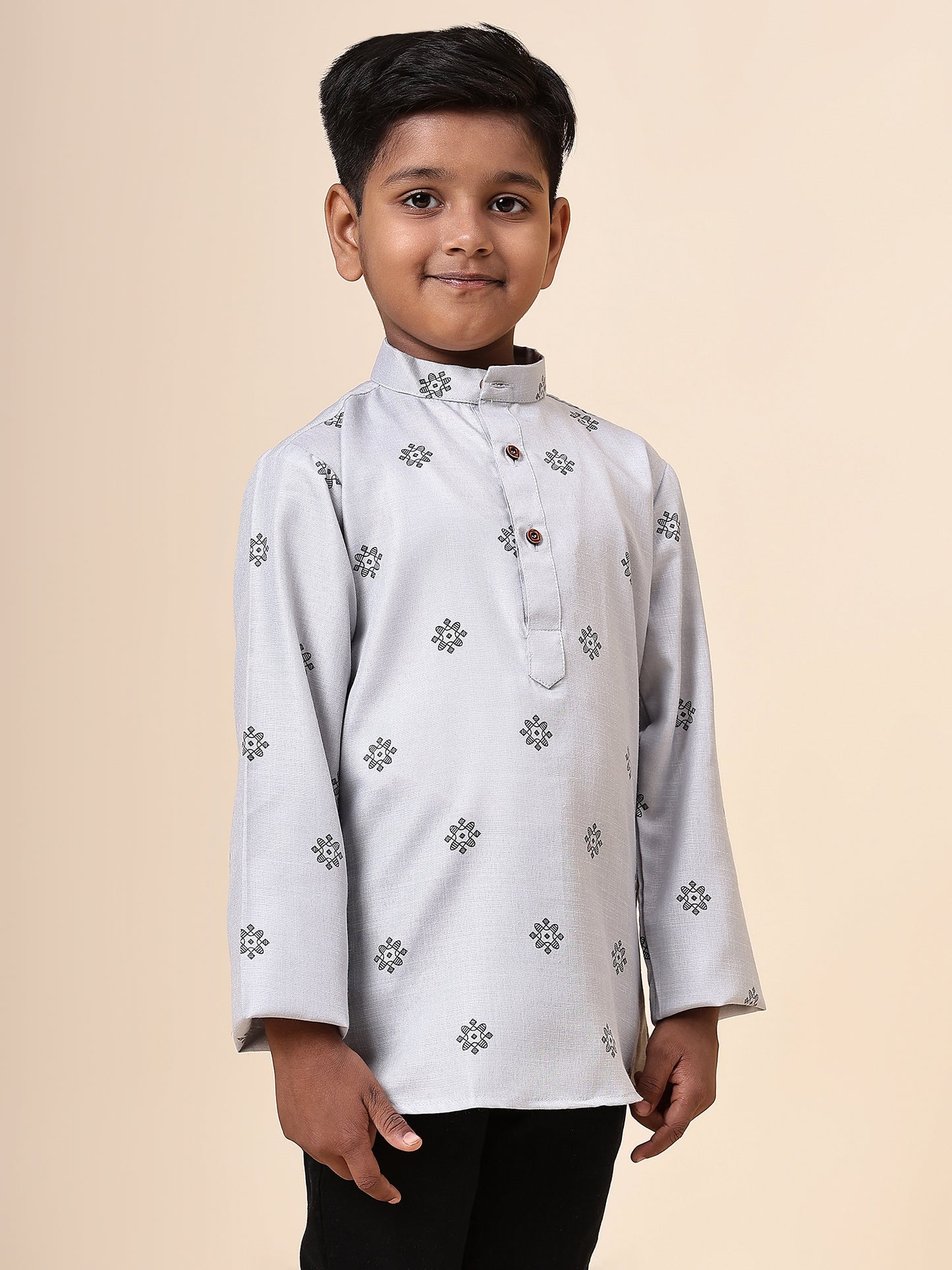 Karnam Junior - Boys Grey Printed Cotton Short Kurta