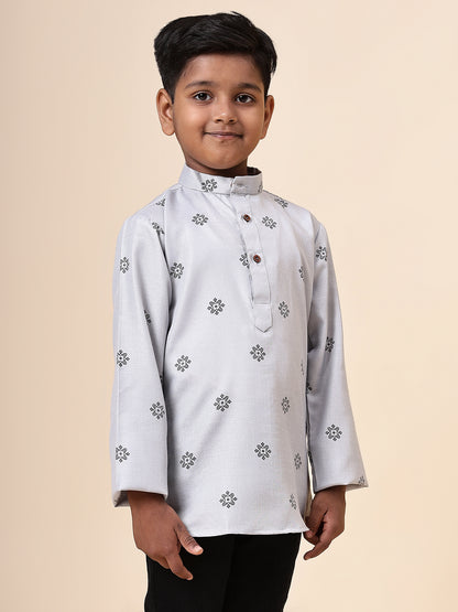 Karnam Junior - Boys Grey Printed Cotton Short Kurta