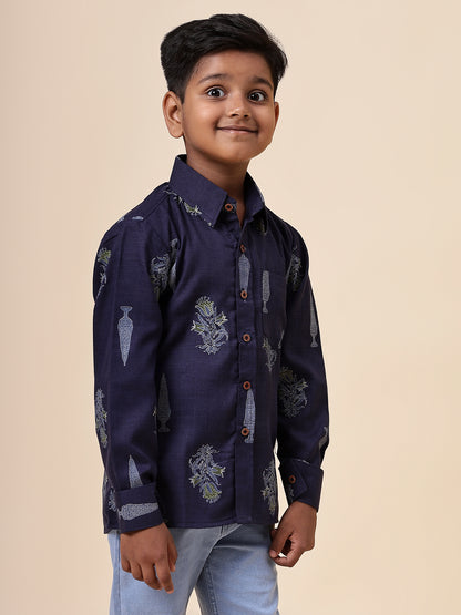 Karnam Junior - Boys Navy Blue Foliage Printed Cotton Shirt