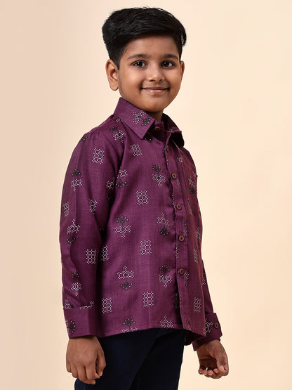 Karnam Junior - Boys Purple Square Printed Cotton Shirt